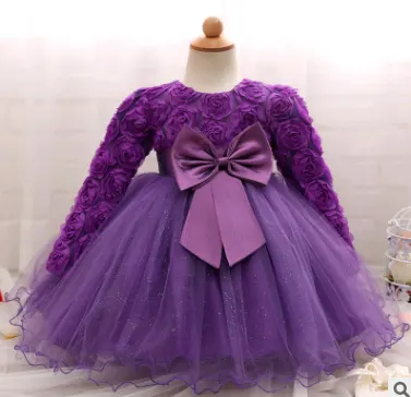 Long-sleeved Girls Dress Rose Children's Wedding Skirt