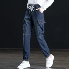 Women's loose high waist belted cargo jeans - Dark Blue - View 1