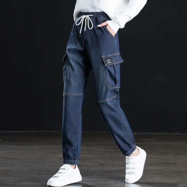 Women's loose high waist belted cargo jeans Dark Blue - Shop at LoveMi