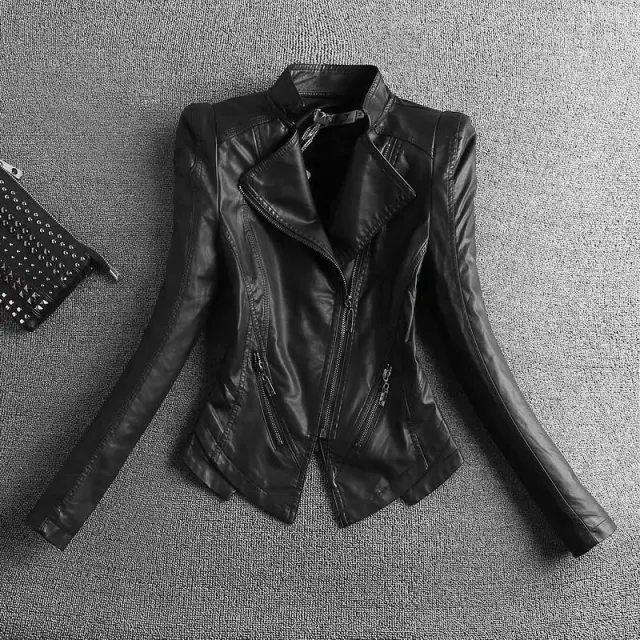 Skinny stand collar leather jacket Cotton Black - Shop at LoveMi