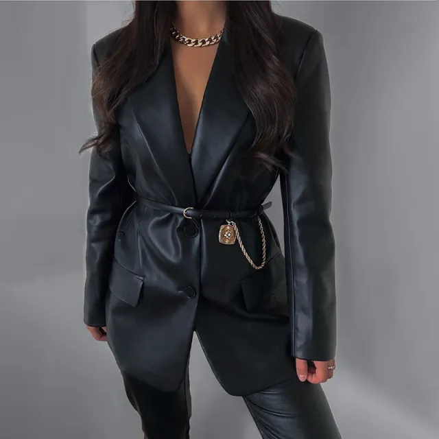 Solid color suit collar fake pocket women's leather jacket Black - Shop at LoveMi