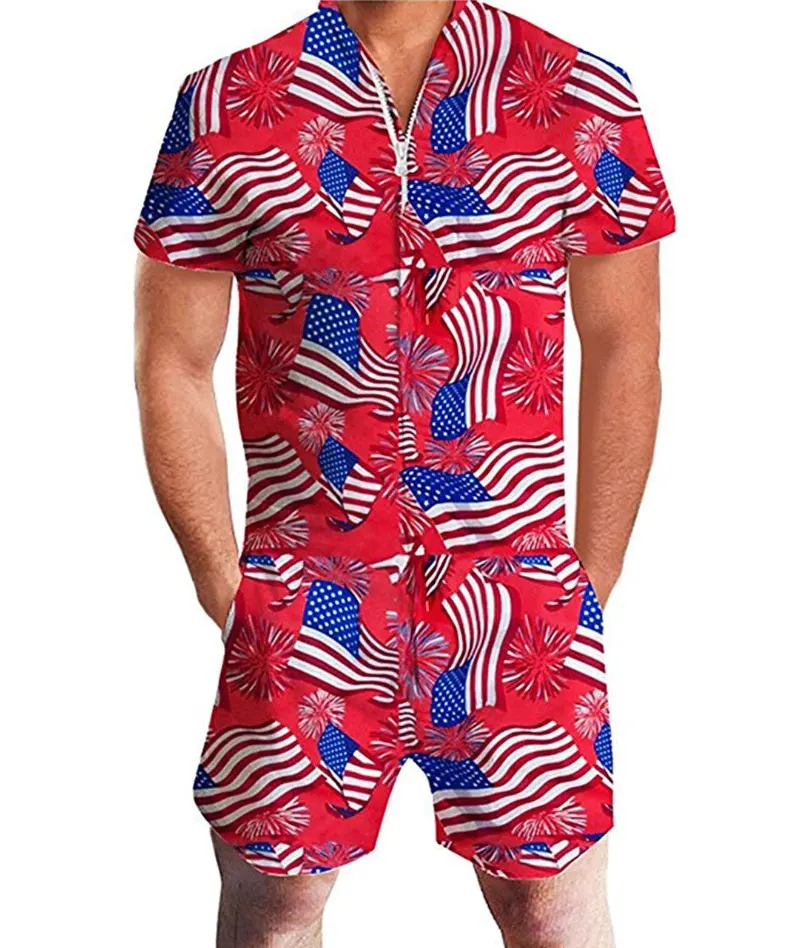 Summer Short-sleeve Jumpsuit Hawaiian American Flag