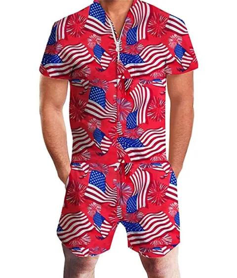 Summer Short-sleeve Jumpsuit Hawaiian American Flag