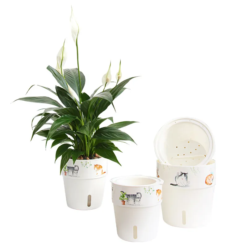 Water storage plastic flower pot - White