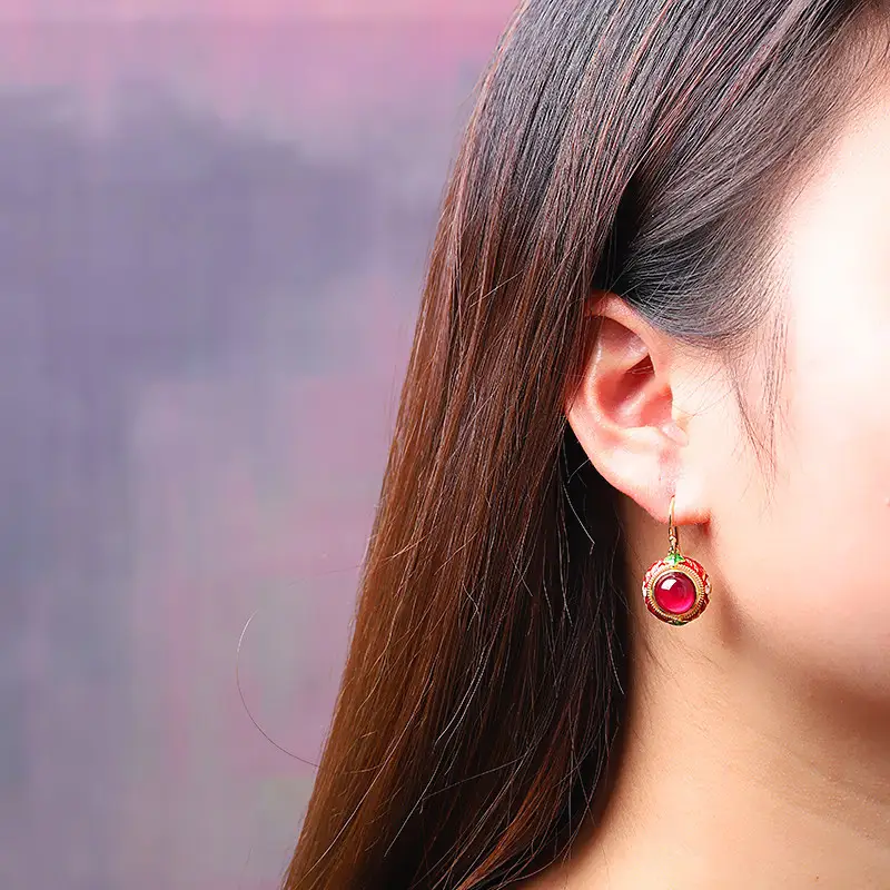 Ethnic style enamel red corundum earrings