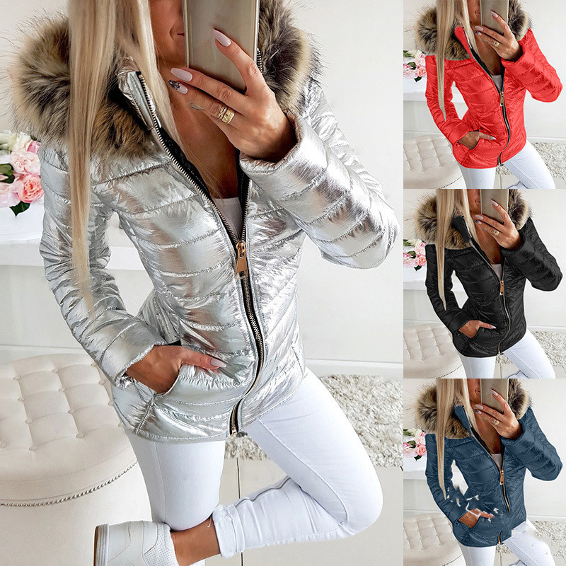 Women's shiny large fur collar slim coat