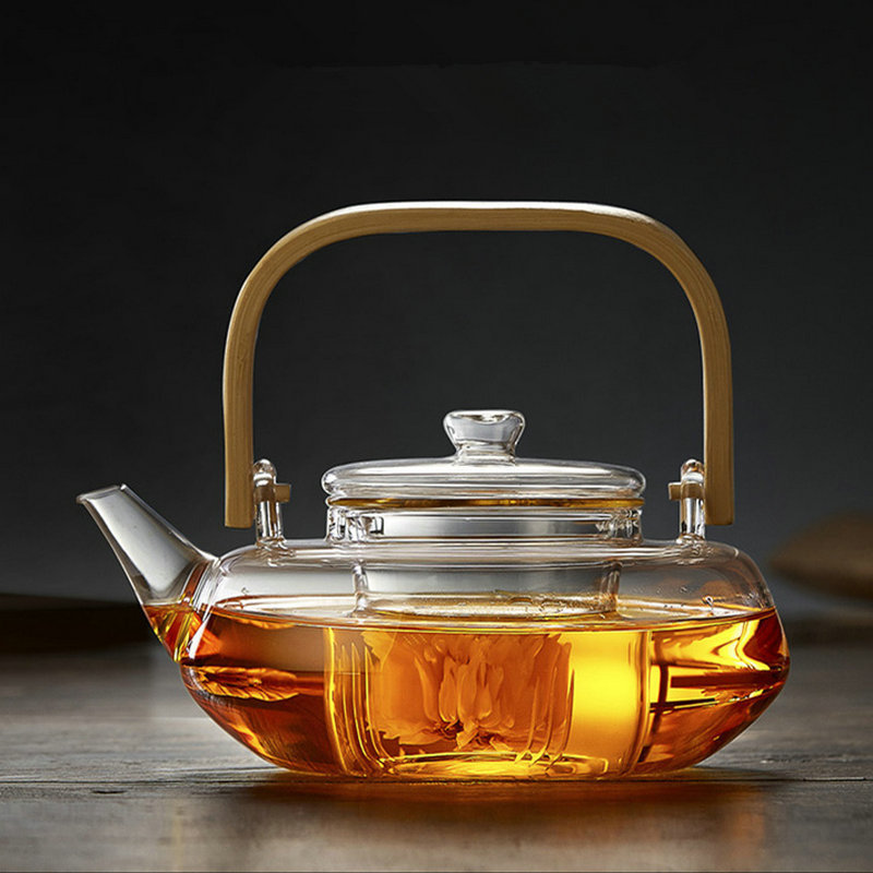Heat-resistant glass teapot with bamboo handle