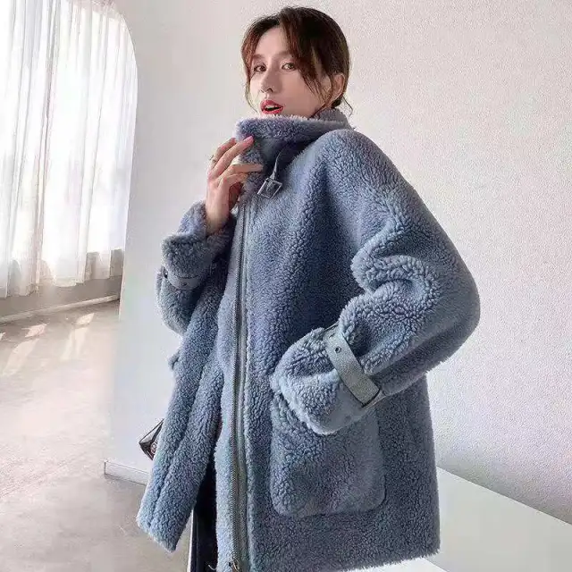 Long woolen coat one coat Blue - Shop at LoveMi