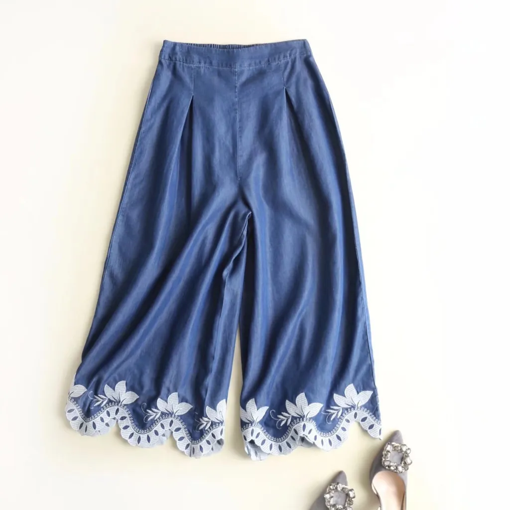 Elasticated waist denim embroidered wide-leg pants - Dark Blue