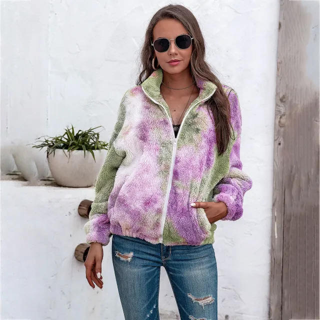 Ladies tie dye plush coat with zipper top Purple - Shop at LoveMi
