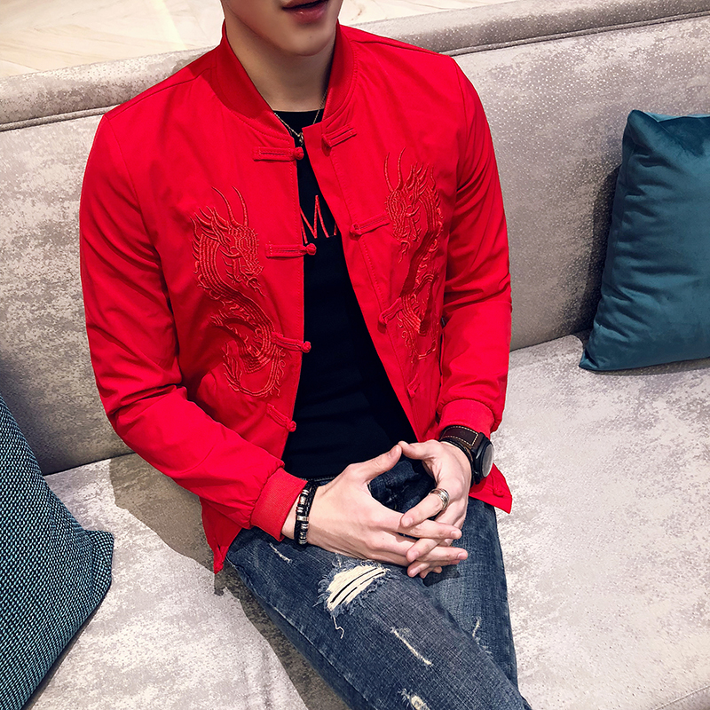 Retro dragon embroidered slim-fit jacket