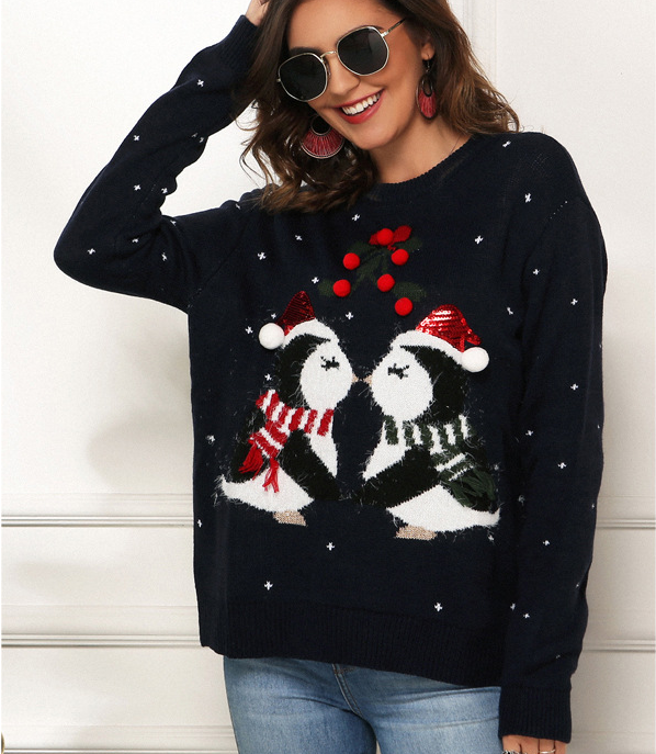 Little penguin jacquard loose long-sleeved sweater