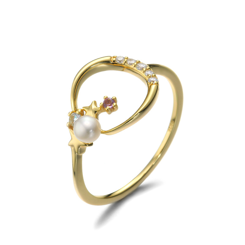 Silver Star Moon Amethyst Pearl Ring