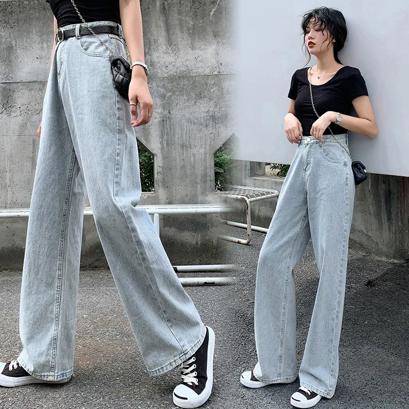 Straight hole Korean style mopping long pants - Blue