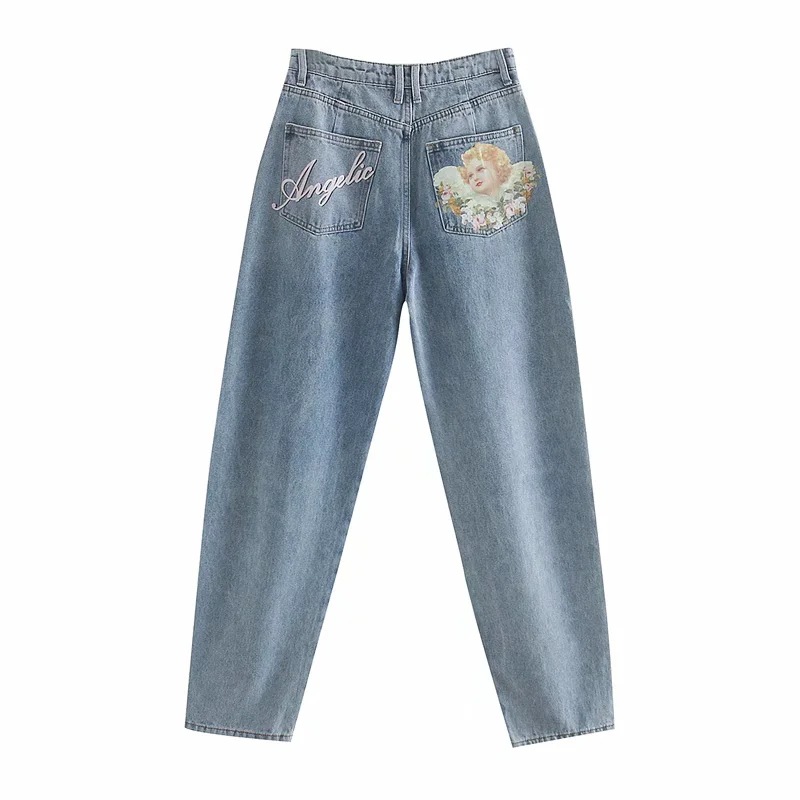Female angel print loose and thin high waist all-match denim harem pants