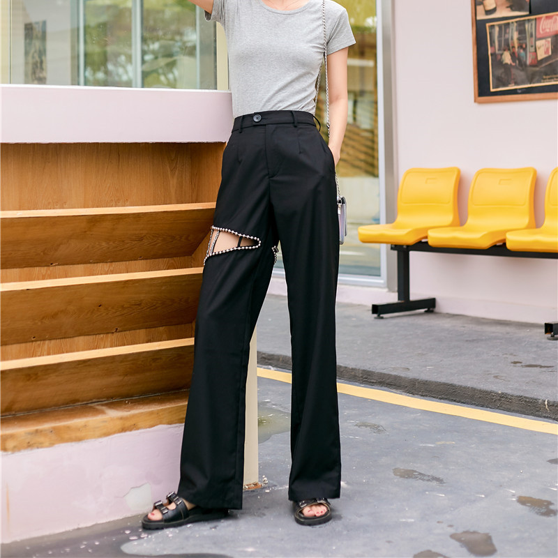 Openwork hand-stitched steel ball design straight casual trousers