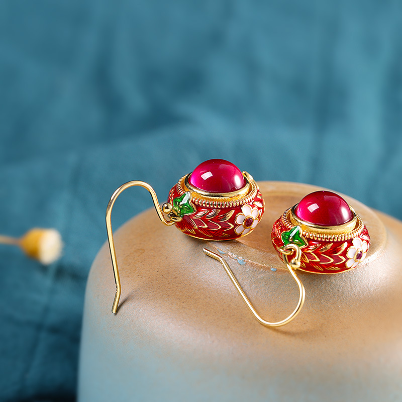Ethnic style enamel red corundum earrings