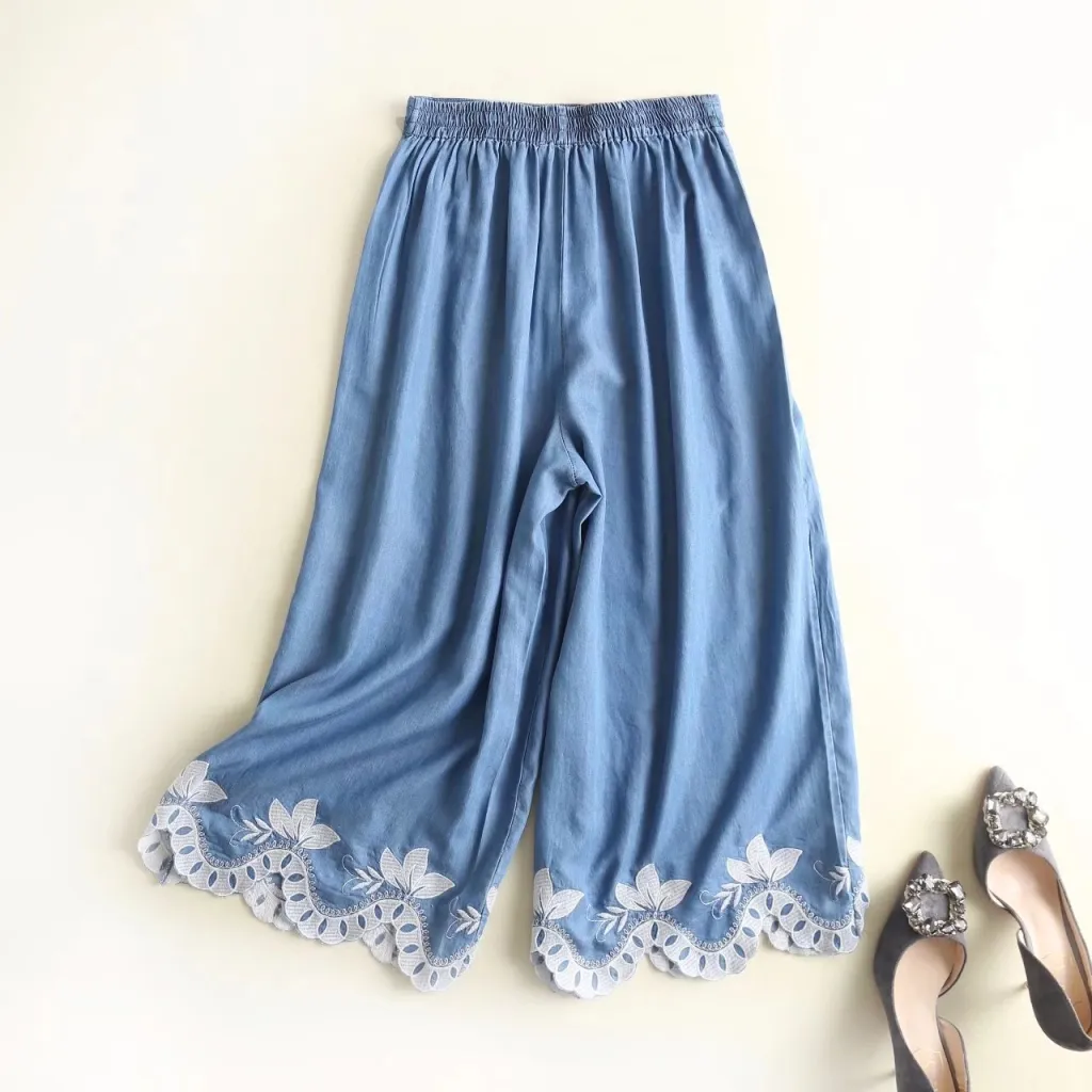 Elasticated waist denim embroidered wide-leg pants - Light Blue