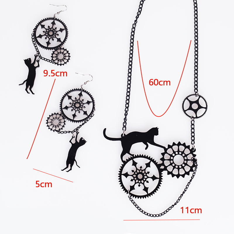Black cat gear necklace pendant sweater chain