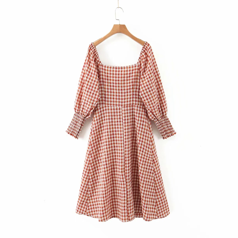 European and American Plaid Simple Lamb Sleeve Dress