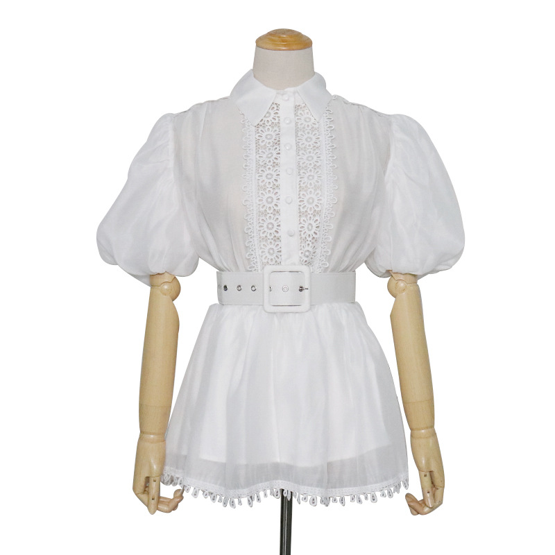 Lapel bubble five-point sleeve high waist belt slim fit shirt top