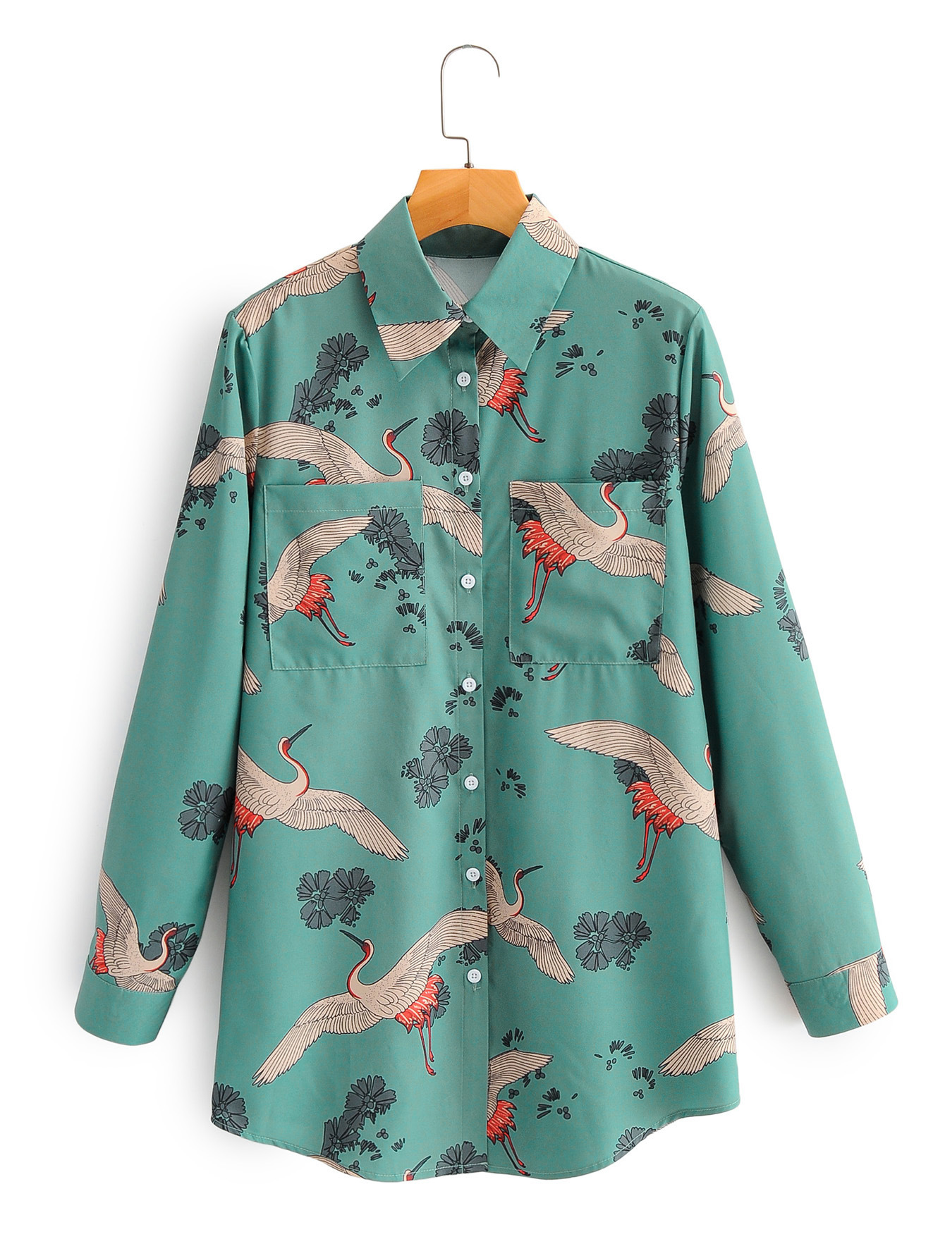 European and American Crane Print Casual Loose Pocket Shirt