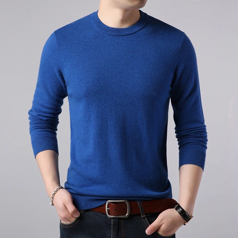 Men's round neck solid color long-sleeved wool sweater