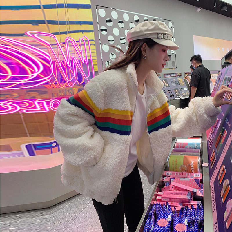 Rainbow lamb wool women's coat