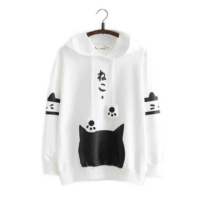 College style cute cartoon cat pullover sweater White Long Sleeve - Shop at LoveMi