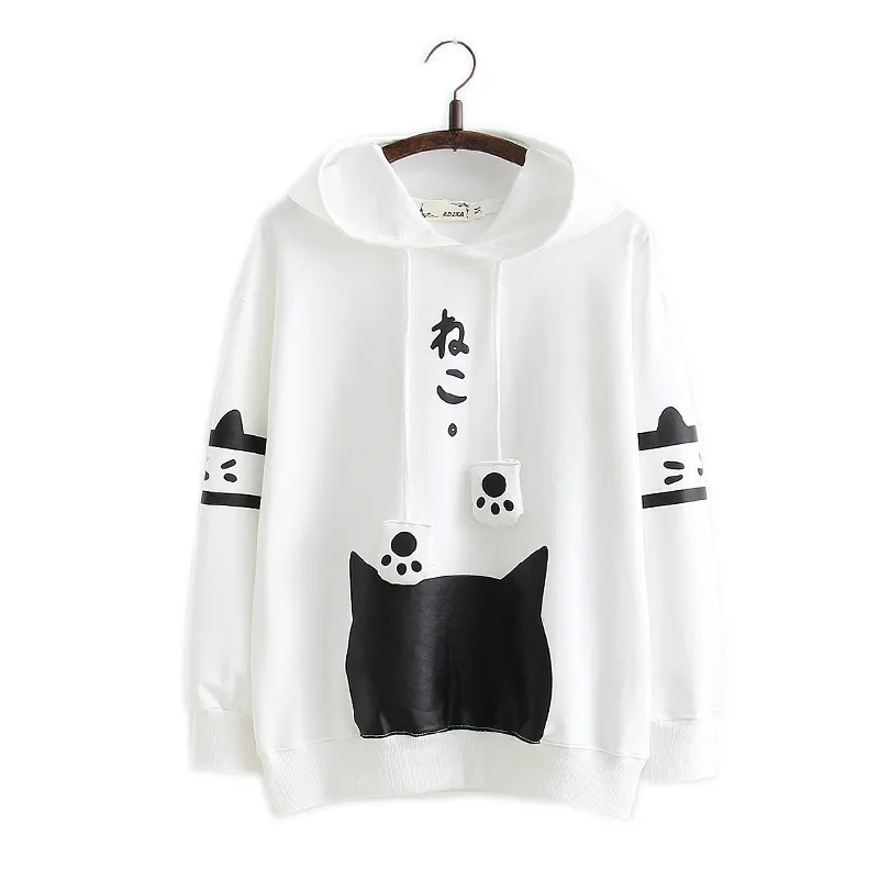 College style cute cartoon cat pullover sweater - White Long Sleeve