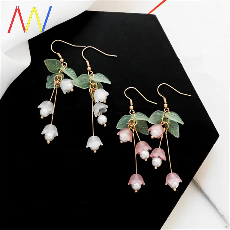 Lily of the Valley Flower Dangle Earrings with Resin Petals and Zircon