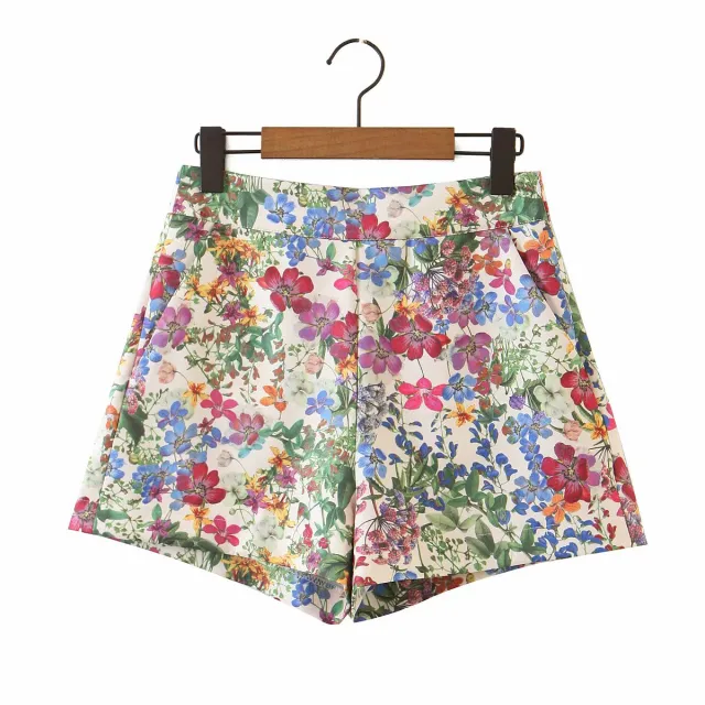 High waist side zip design floral print wide leg shorts Photo Color - Shop at LoveMi