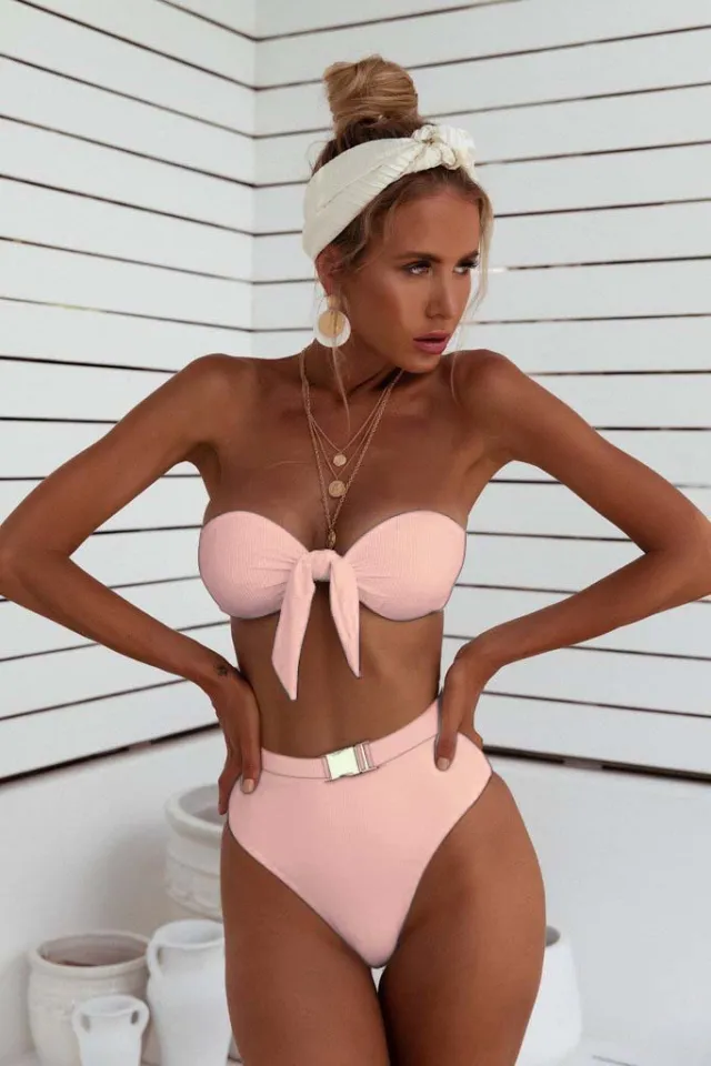 Metal buckle split swimsuit bikini Pink - Shop at LoveMi