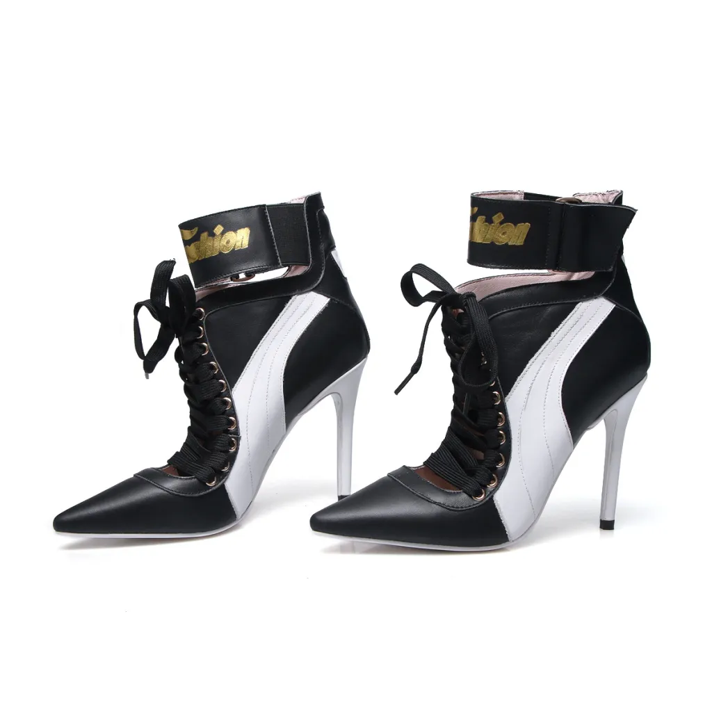 Lace-up pointed stiletto high heel women's boots - Black