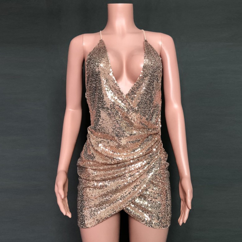 Temperament backless sequin suspender dress