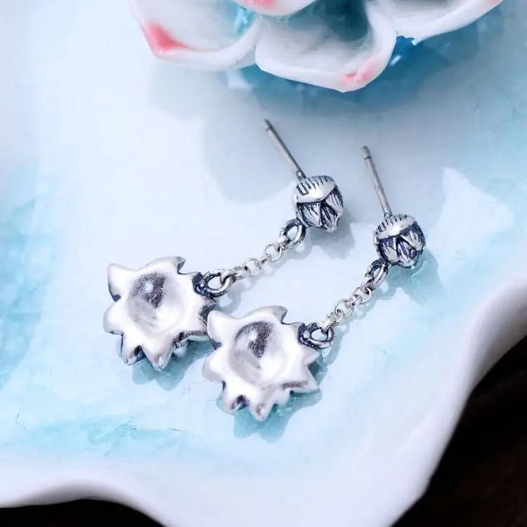 S925 sterling silver vintage tassel lotus ethnic style earrings