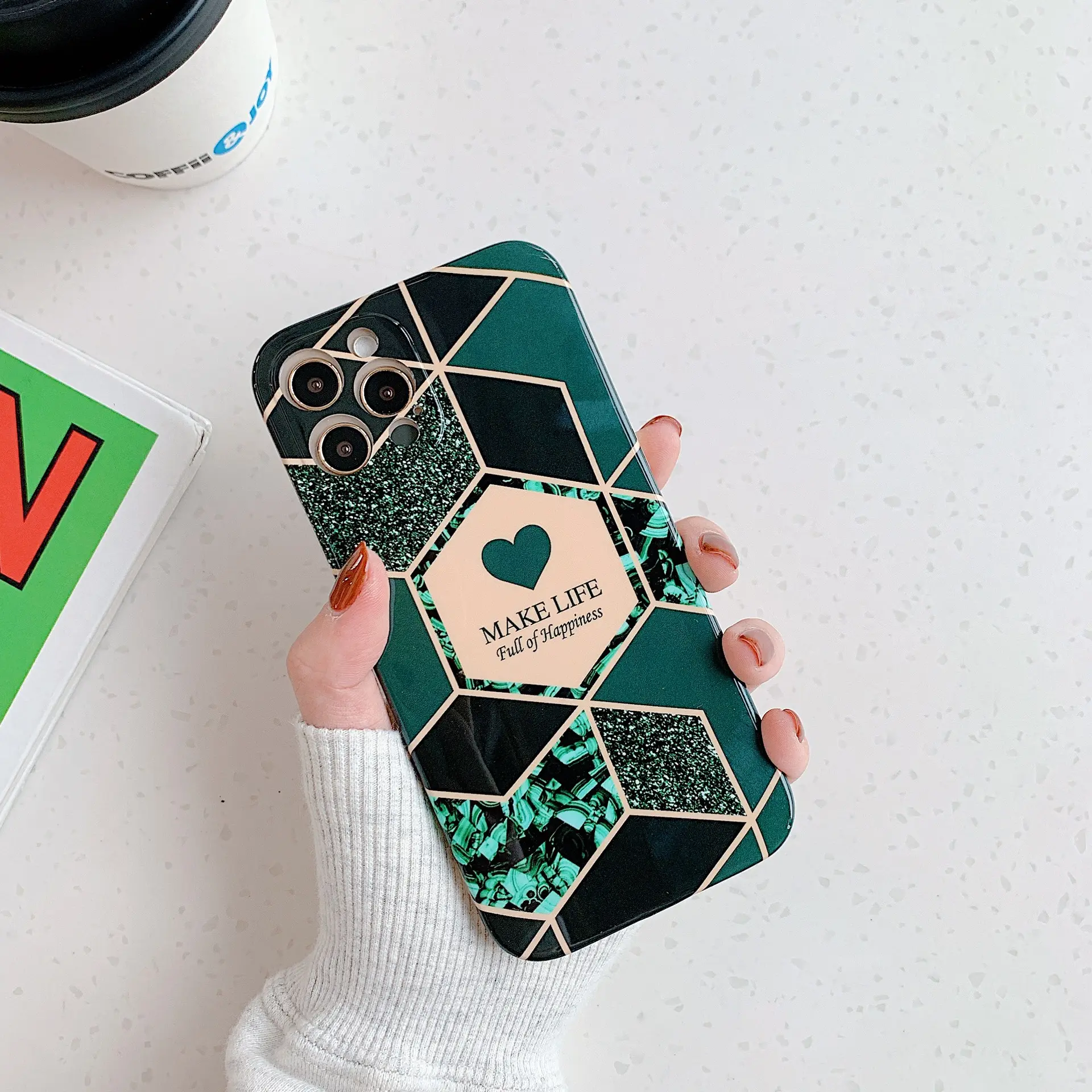 Geometric love stitching marble phone case