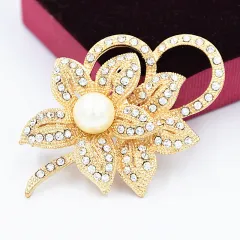 Fashion Crystal Pearl Bow Ladies Brooch Apparel - Gold - View 1