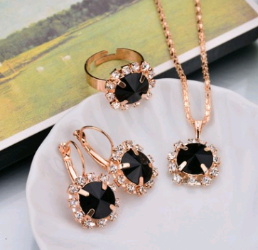 Europe And The United States Personalized Water Drop Color Diamond Necklace, Earrings, Rings Set, Shiny High end Bridal Jewelry Round Black - Shop at LoveMi