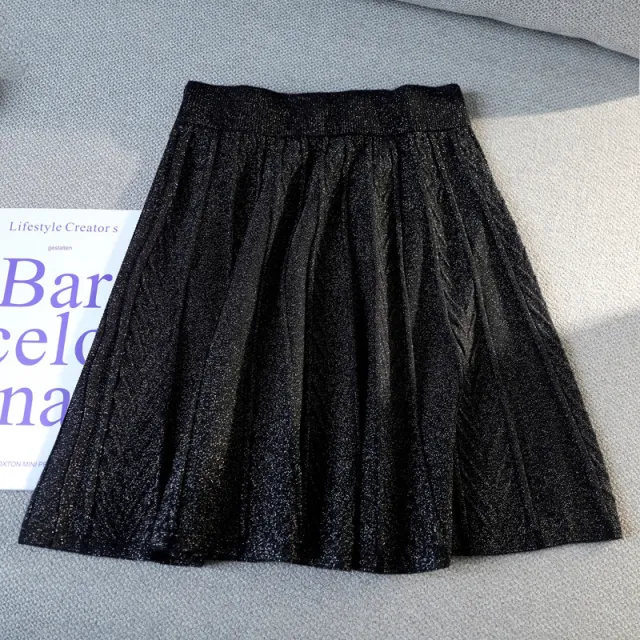 Half length skirt women high waist slim bright silk pleated skirt Black - Shop at LoveMi