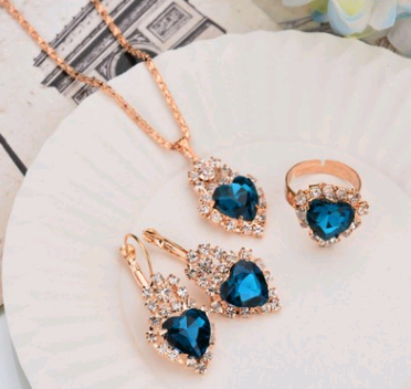 Europe And The United States Personalized Water Drop Color Diamond Necklace, Earrings, Rings Set, Shiny High end Bridal Jewelry Heart Shaped Lake Blue - Shop at LoveMi