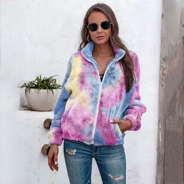 Ladies tie dye plush coat with zipper top Blue - Shop at LoveMi