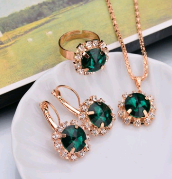 Europe And The United States Personalized Water Drop Color Diamond Necklace, Earrings, Rings Set, Shiny High end Bridal Jewelry Round Green - Shop at LoveMi