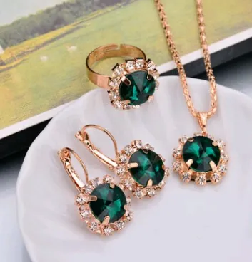 Europe And The United States Personalized Water Drop Color Diamond Necklace, Earrings, Rings Set, Shiny High end Bridal Jewelry Round Green - Shop at LoveMi