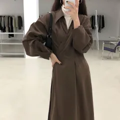 Cross-temperament shirt-style long-sleeved dress - Brown - View 1
