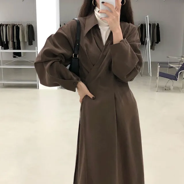 Cross temperament shirt style long sleeved dress Brown - Shop at LoveMi
