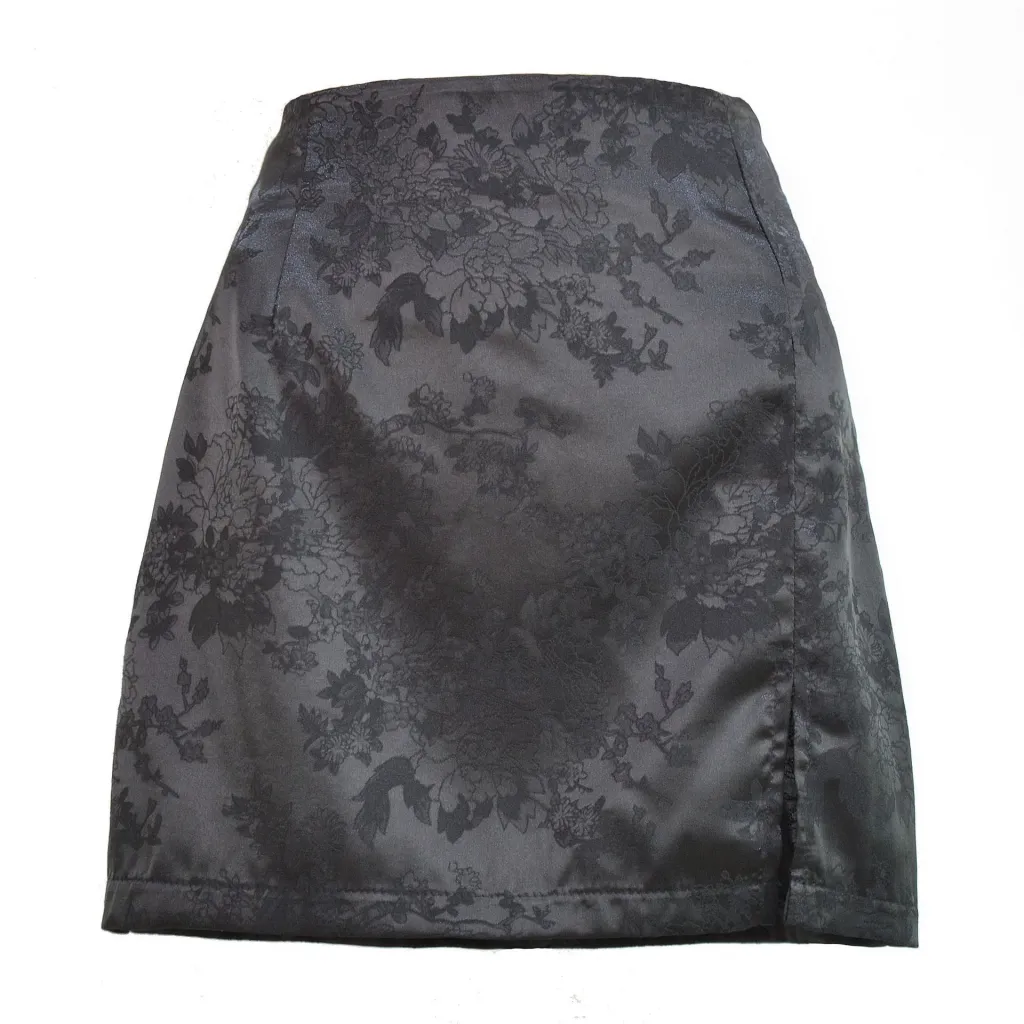 Satin high waist zipper slit skirt women - Black