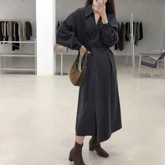 Cross temperament shirt style long sleeved dress Black - Shop at LoveMi