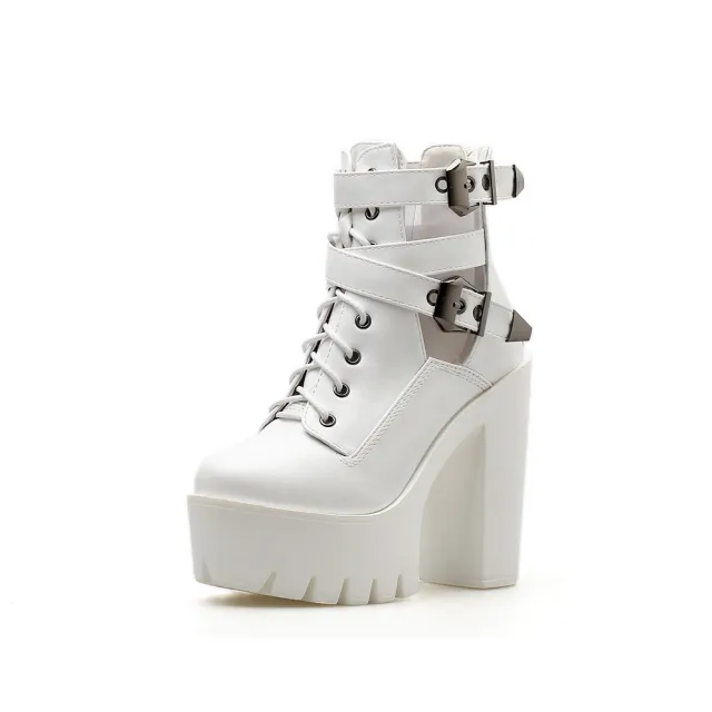 High heeled ankle boot with belt buckle White - Shop at LoveMi