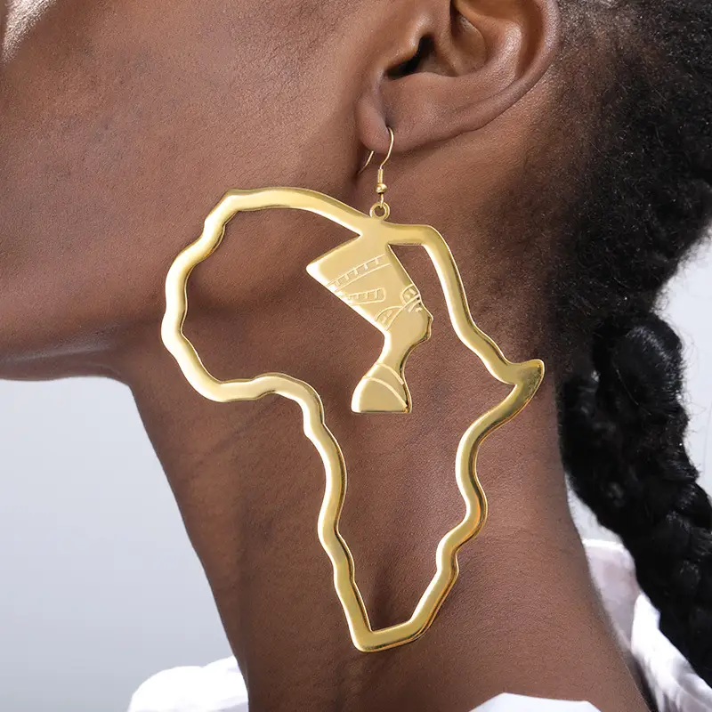 African Map and Egyptian Queen Portrait Dangle Earrings